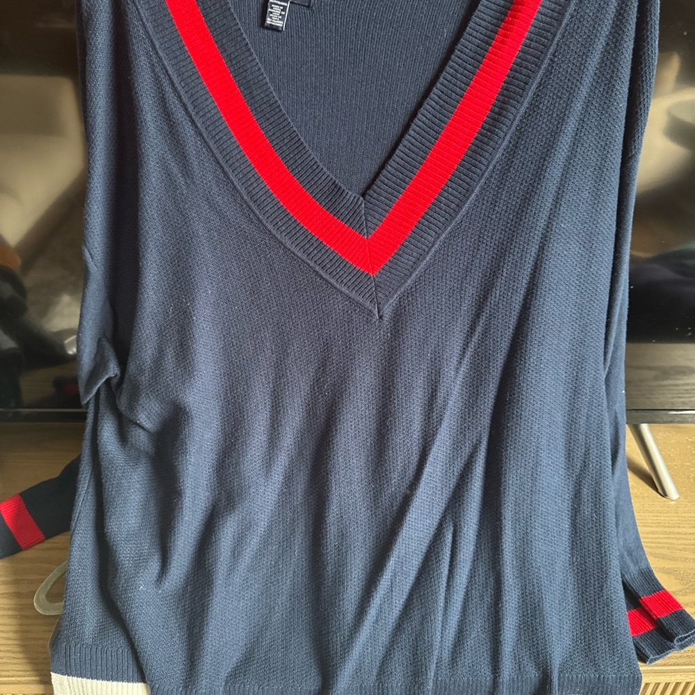 Navy V-Neck Sweater with Red Stripes